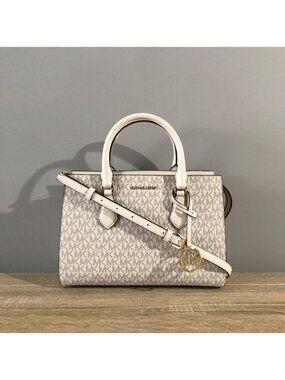 NWOT Michael Kors Sheila Medium Satchel Logo Canvas Light Cream Multi MSRP $398